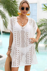 Openwork Plunge Dolman Sleeve Cover-Up Dress White / One Size