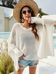Openwork Slit Long Sleeve Cover-Up White / S/M