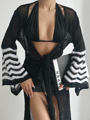 Openwork Striped Flare Sleeve Cover-Up Black / One Size