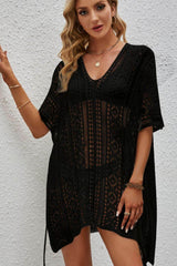 Openwork V-Neck Short Sleeve Cover Up Black / One Size