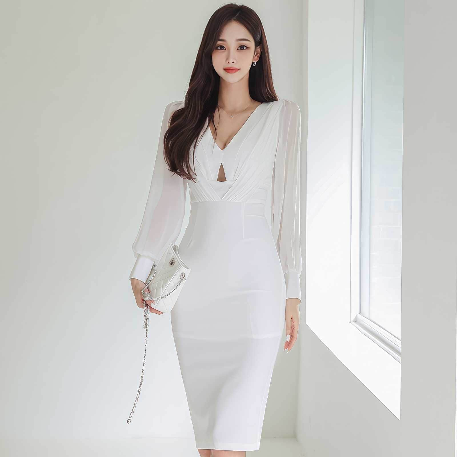 Organza Long Sleeves Cut Out Detail Pencil Dress