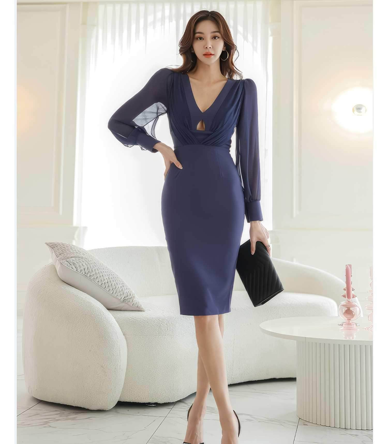 Organza Long Sleeves Cut Out Detail Pencil Dress