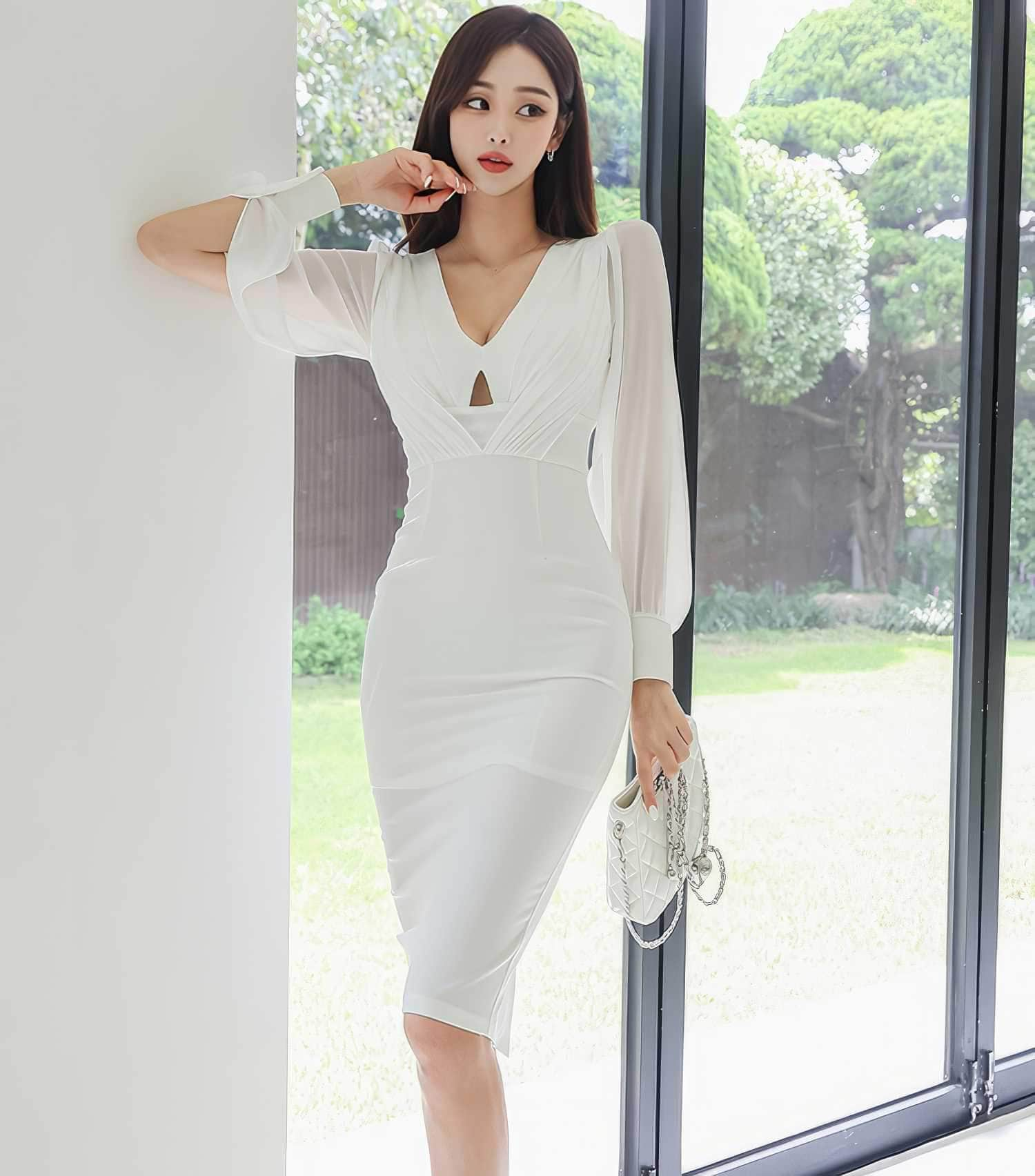 Organza Long Sleeves Cut Out Detail Pencil Dress