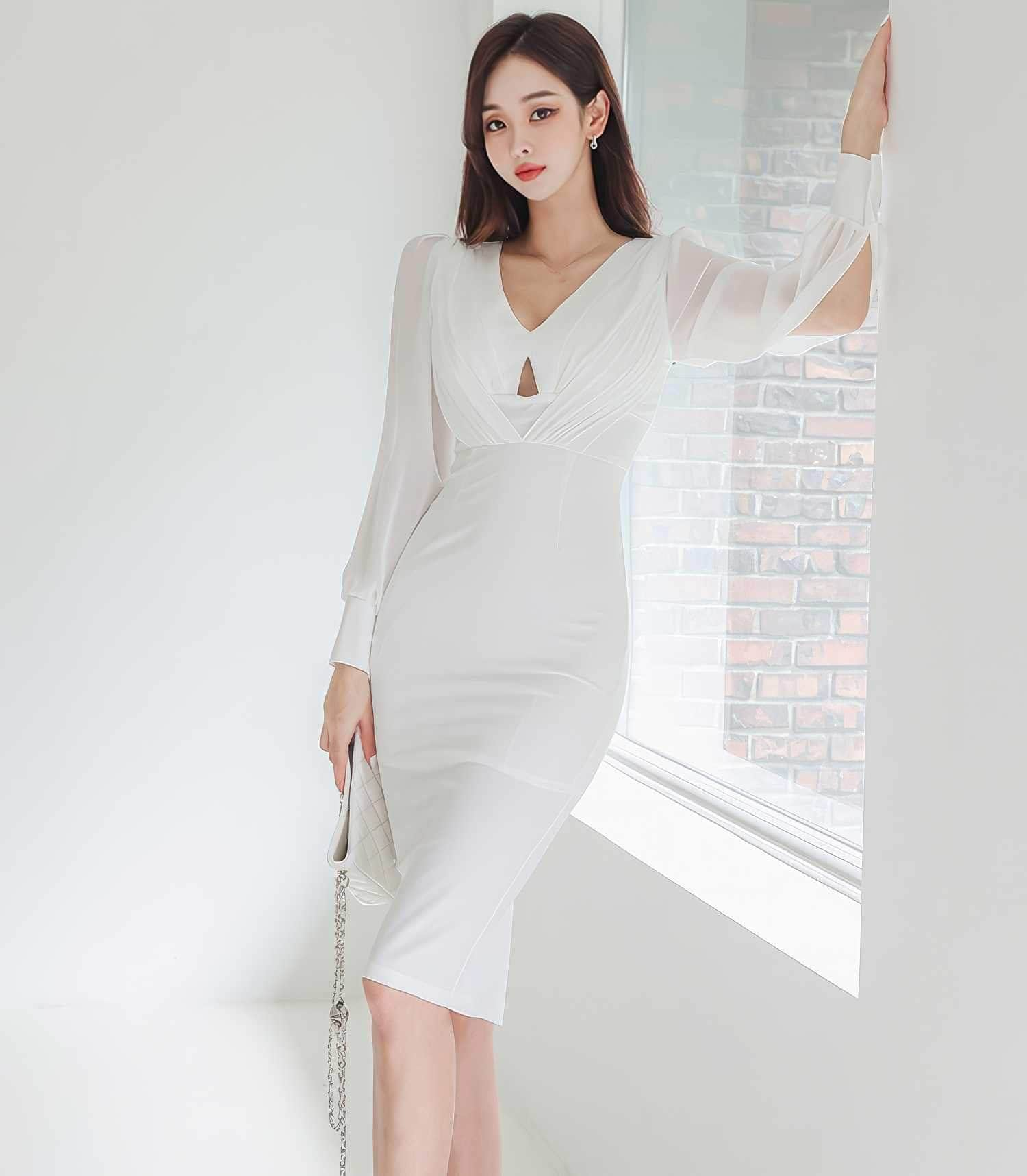 Organza Long Sleeves Cut Out Detail Pencil Dress