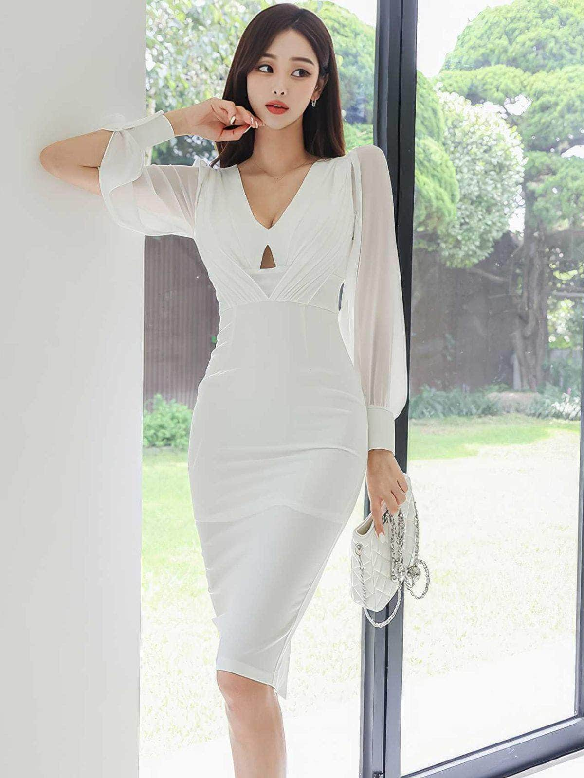 Organza Long Sleeves Cut Out Detail Pencil Dress S / White