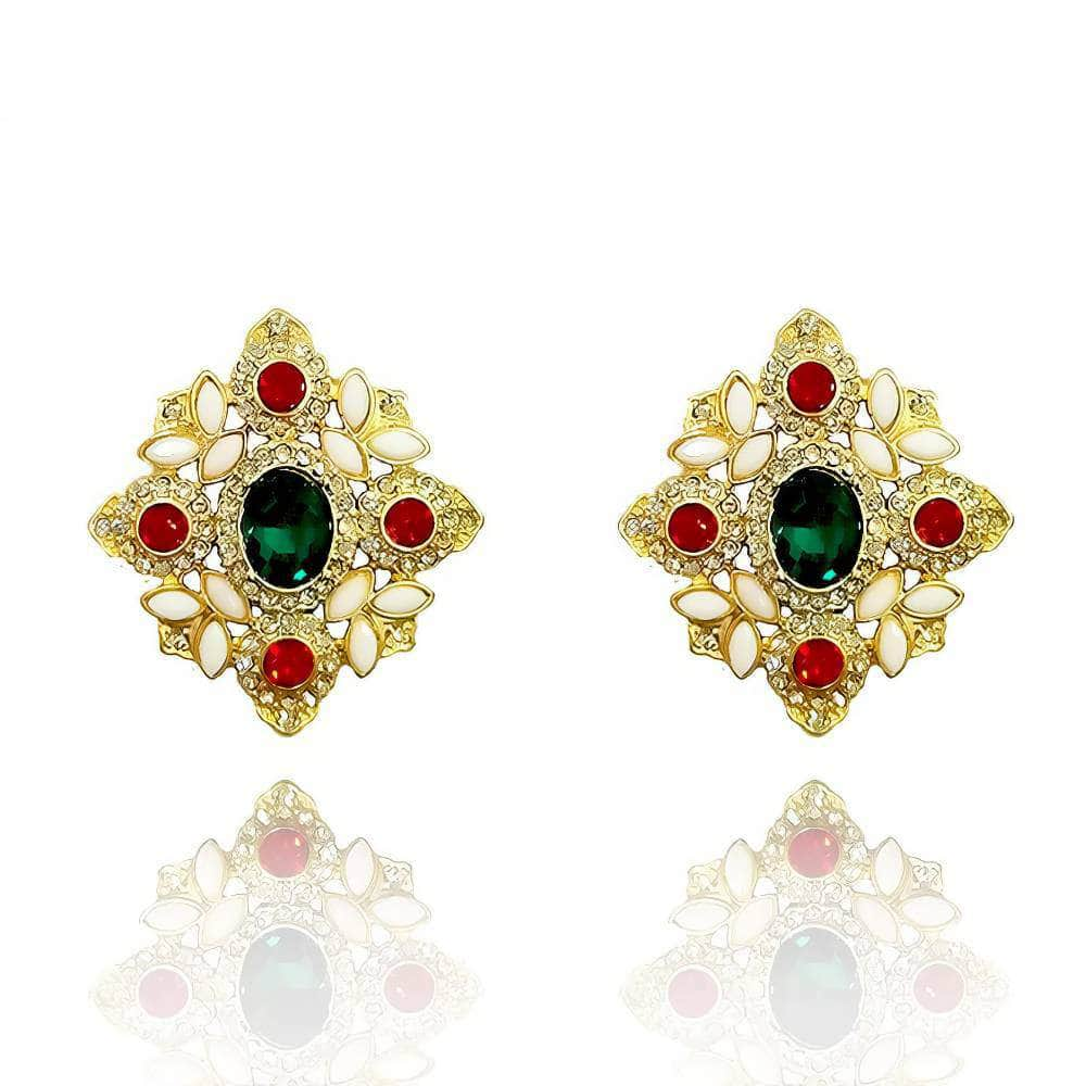 Ornate Gold Mughal Gemstone Statement Earrings Green / Clip On