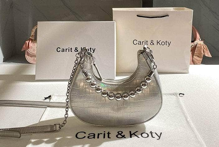 Ornate Metallic Balls Crossbody Hobo Handbag Silver