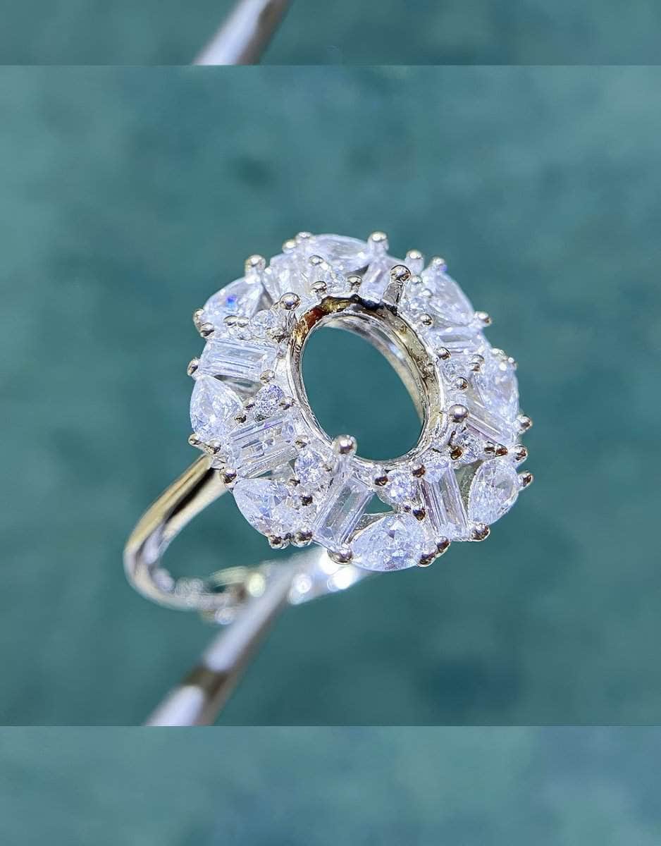 Oval-Cut Semi-Mount Inlaid Ring Settings Lab Diamond 18k Gold Gemstone Ring: 6*8MM, 7*9MM 7*9mm / Silver / Halo