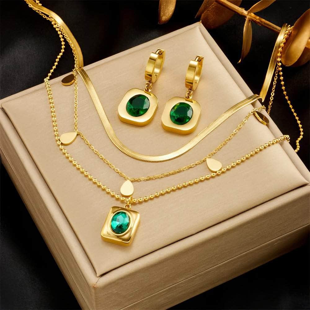 Oval Green Crystal Charm Necklace Set: Women's Non-fading Trendy Jewelry