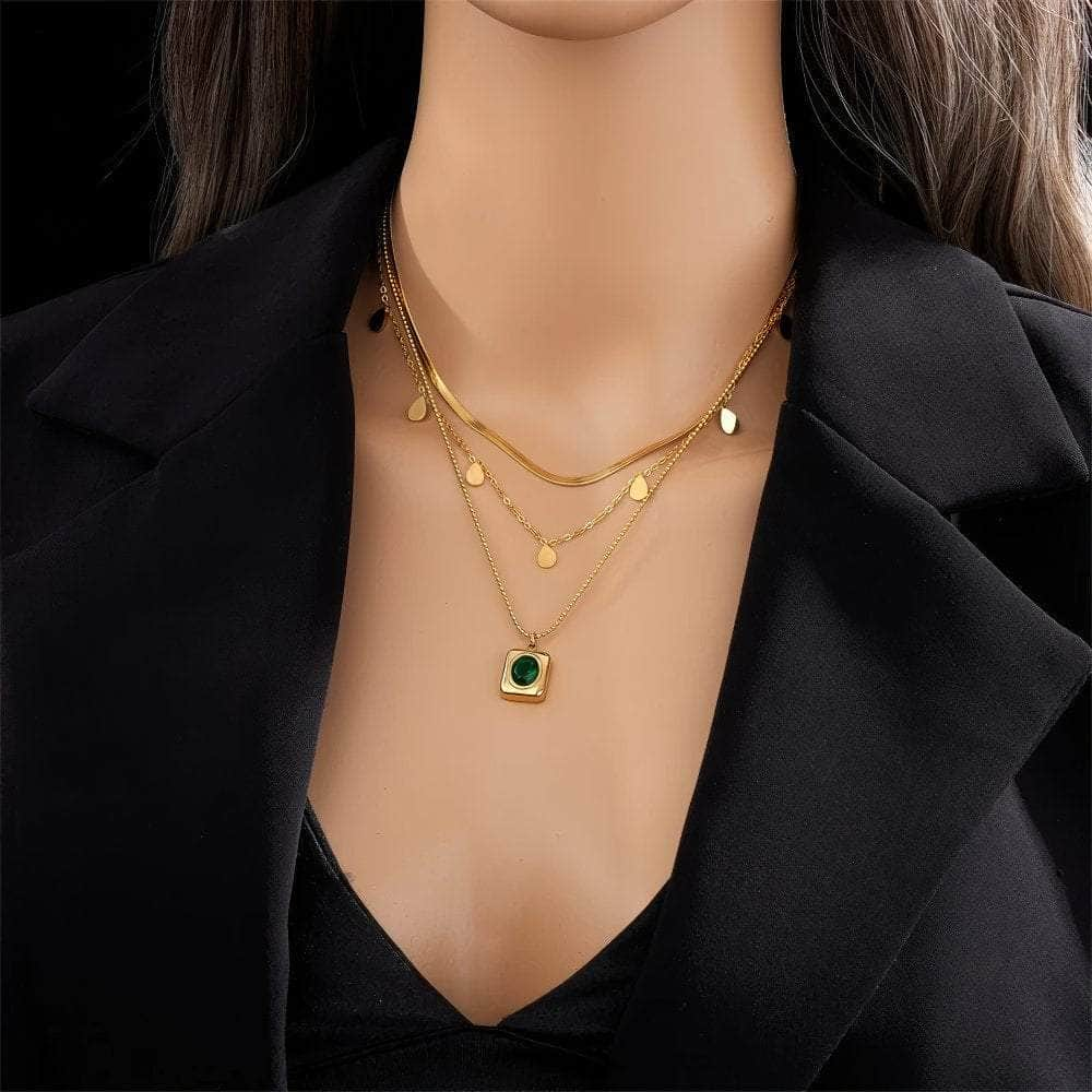 Oval Green Crystal Charm Necklace Set: Women's Non-fading Trendy Jewelry