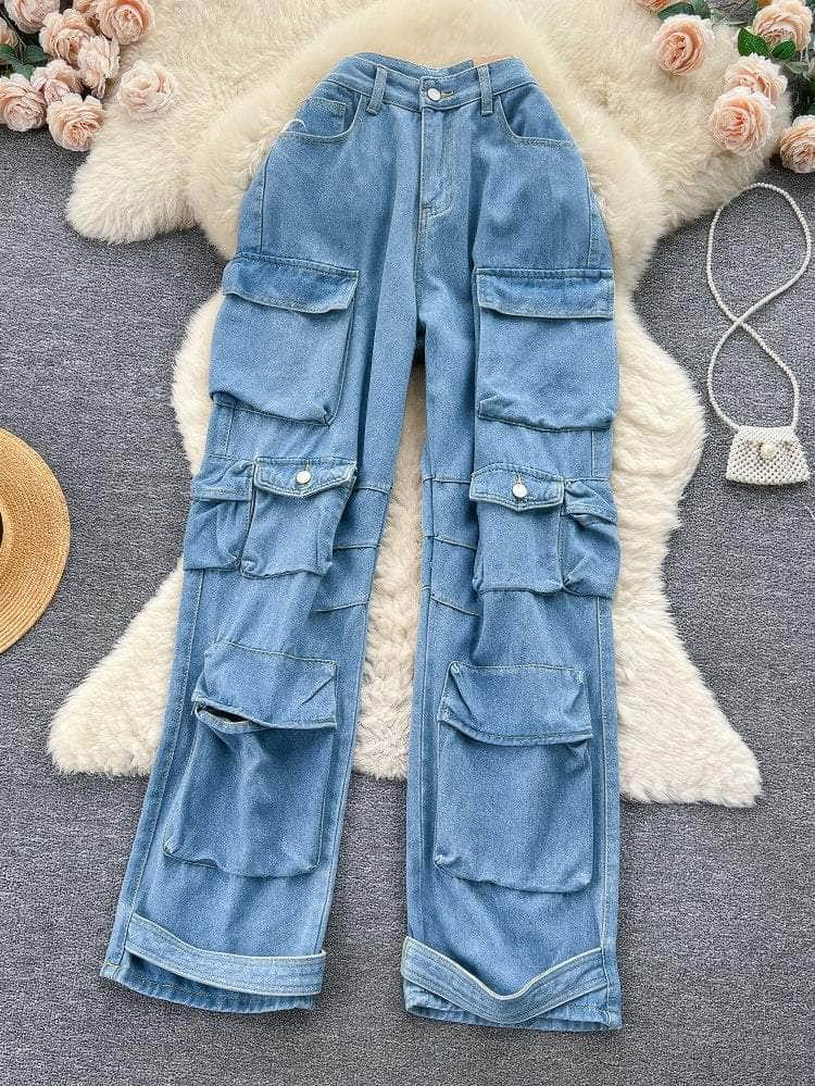 Oversized Wide Leg Cargo Pants S / SkyBlue