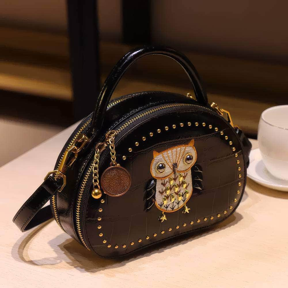 Owl Monogram Pattern Gold Stoned Shoulder Bag Black