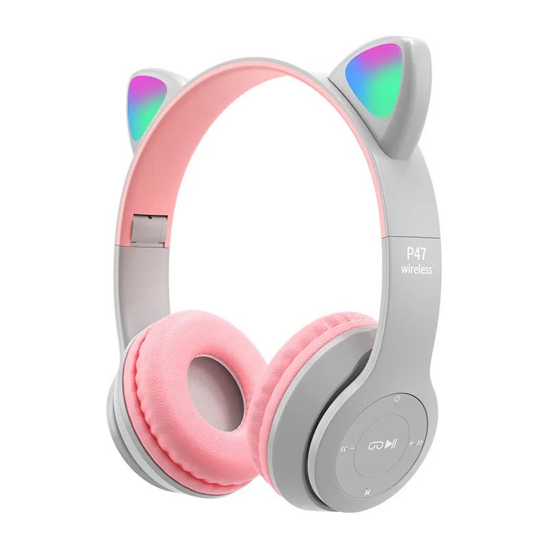 P47M Wireless Headphone with Flash Light, Cute Cat Ears, Mic Control, LED Stereo Music, Bluetooth Headset Gift 001