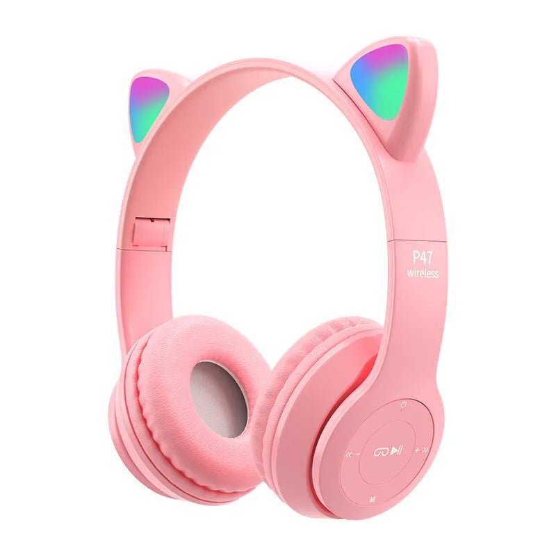 P47M Wireless Headphone with Flash Light, Cute Cat Ears, Mic Control, LED Stereo Music, Bluetooth Headset Gift 002
