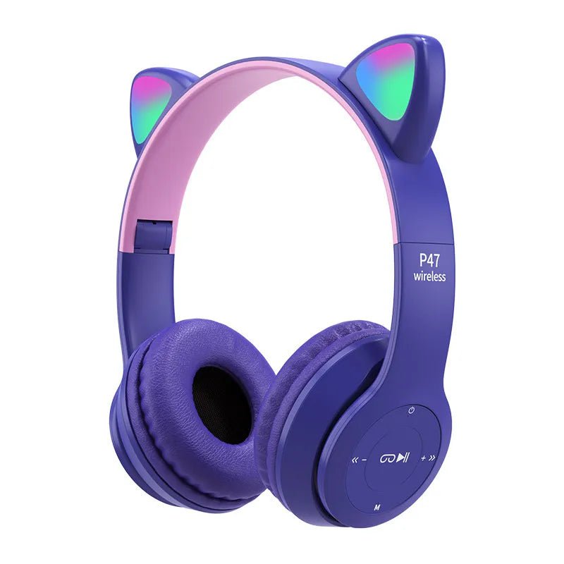 P47M Wireless Headphone with Flash Light, Cute Cat Ears, Mic Control, LED Stereo Music, Bluetooth Headset Gift 003
