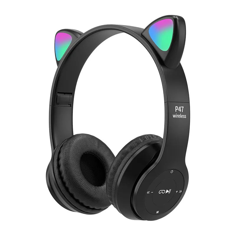 P47M Wireless Headphone with Flash Light, Cute Cat Ears, Mic Control, LED Stereo Music, Bluetooth Headset Gift 005