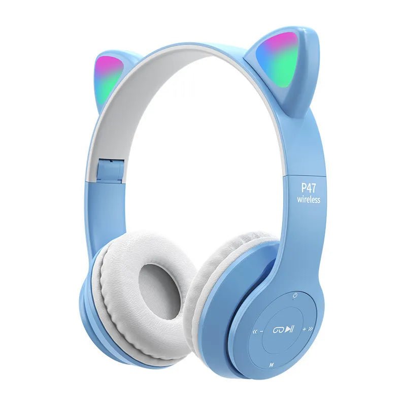 P47M Wireless Headphone with Flash Light, Cute Cat Ears, Mic Control, LED Stereo Music, Bluetooth Headset Gift 006