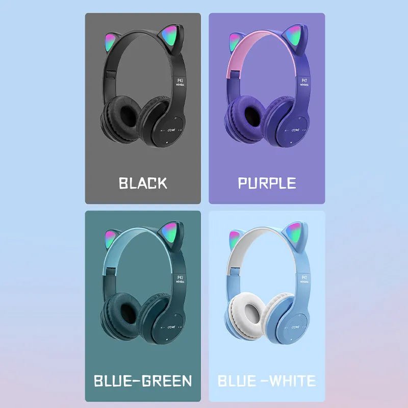 P47M Wireless Headphone with Flash Light, Cute Cat Ears, Mic Control, LED Stereo Music, Bluetooth Headset Gift