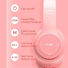 P47M Wireless Headphone with Flash Light, Cute Cat Ears, Mic Control, LED Stereo Music, Bluetooth Headset Gift