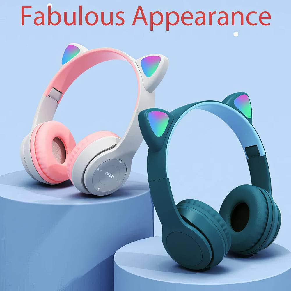 P47M Wireless Headphone with Flash Light, Cute Cat Ears, Mic Control, LED Stereo Music, Bluetooth Headset Gift