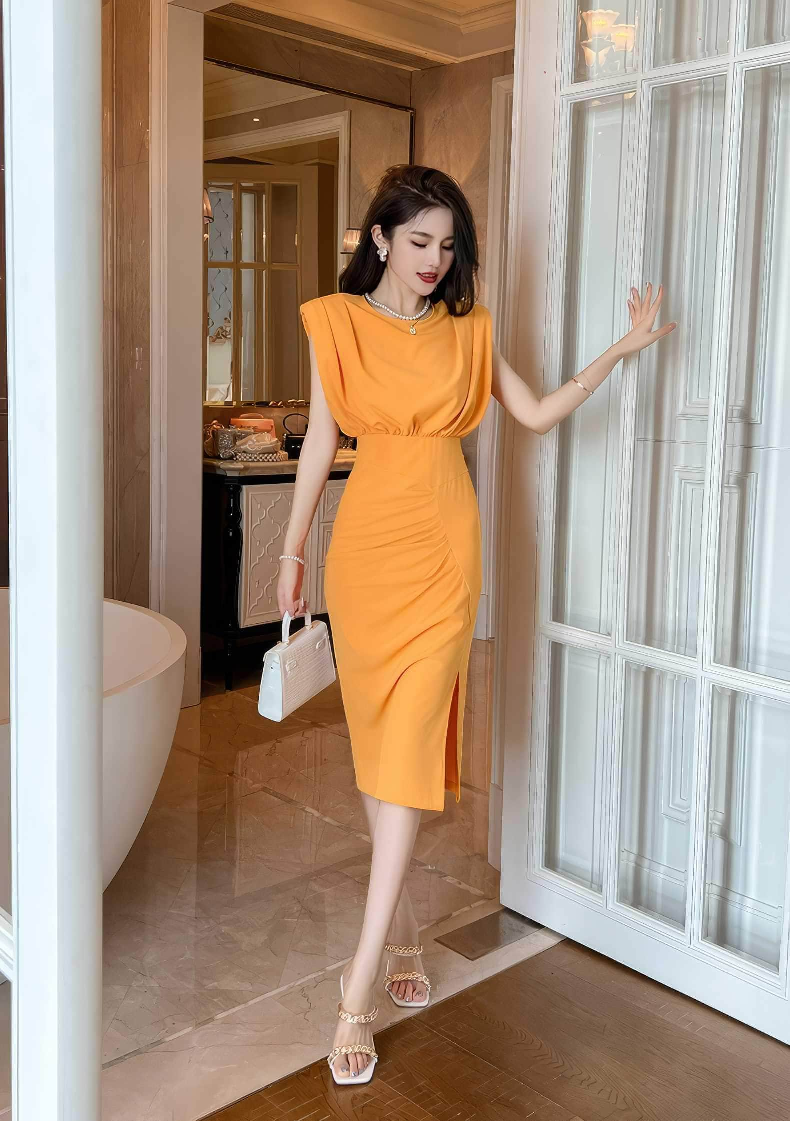 Padded Shoulder Sleeves Ruched Dress