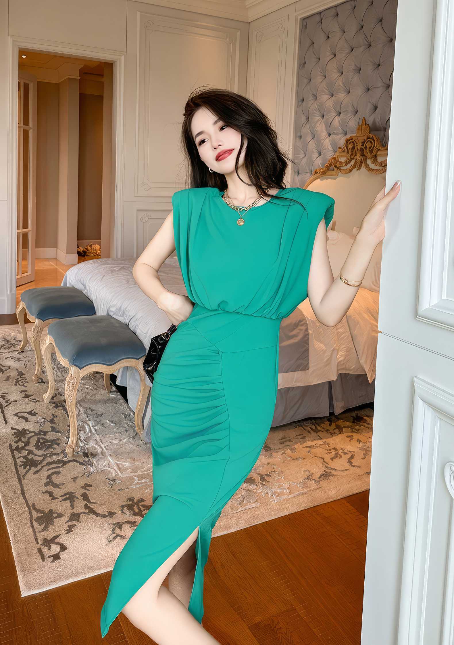 Padded Shoulder Sleeves Ruched Dress