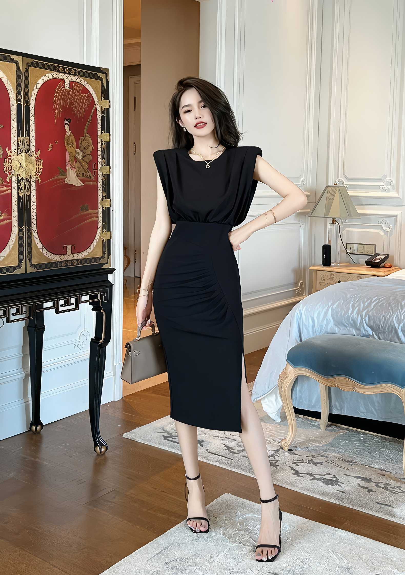 Padded Shoulder Sleeves Ruched Dress S / Black