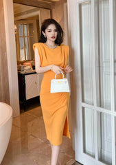 Padded Shoulder Sleeves Ruched Dress S / Orange