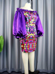 Patchwork Print Frill Trim Lantern Sleeve Dress