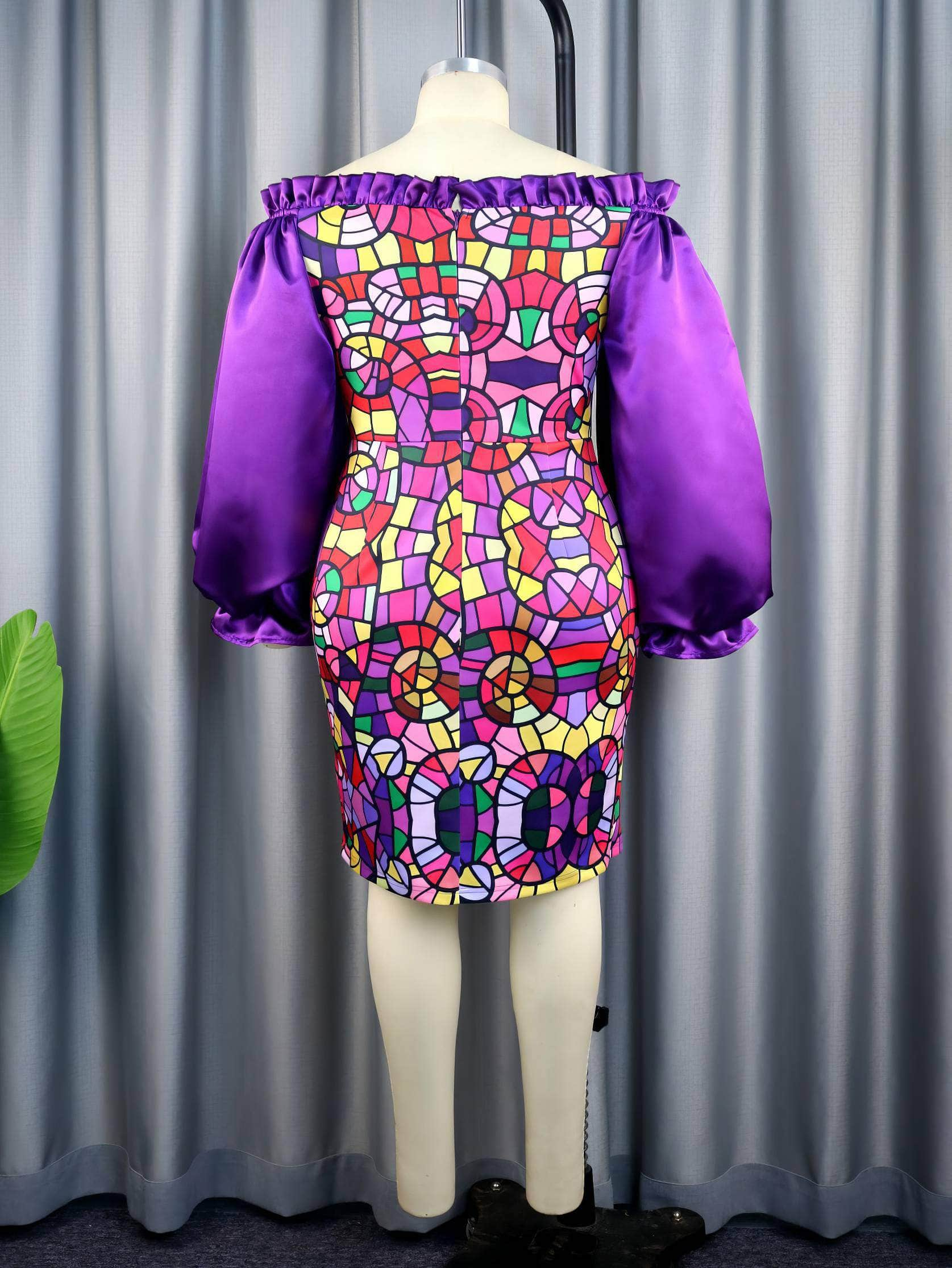 Patchwork Print Frill Trim Lantern Sleeve Dress