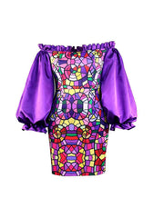 Patchwork Print Frill Trim Lantern Sleeve Dress