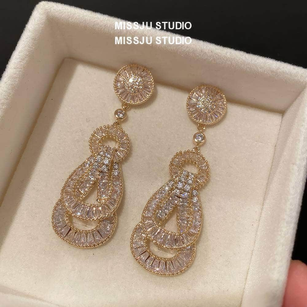 Paved Crystal Baroque Shape Dangle Gold Earrings White