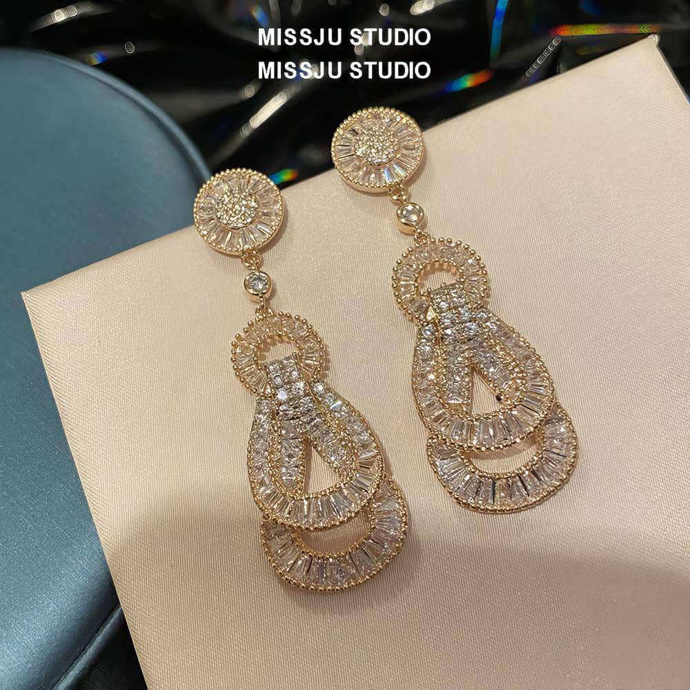 Paved Crystal Baroque Shape Dangle Gold Earrings White