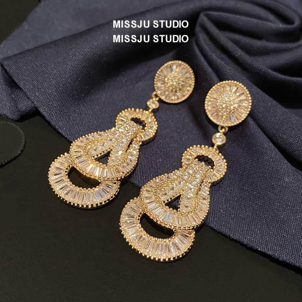 Paved Crystal Baroque Shape Dangle Gold Earrings White