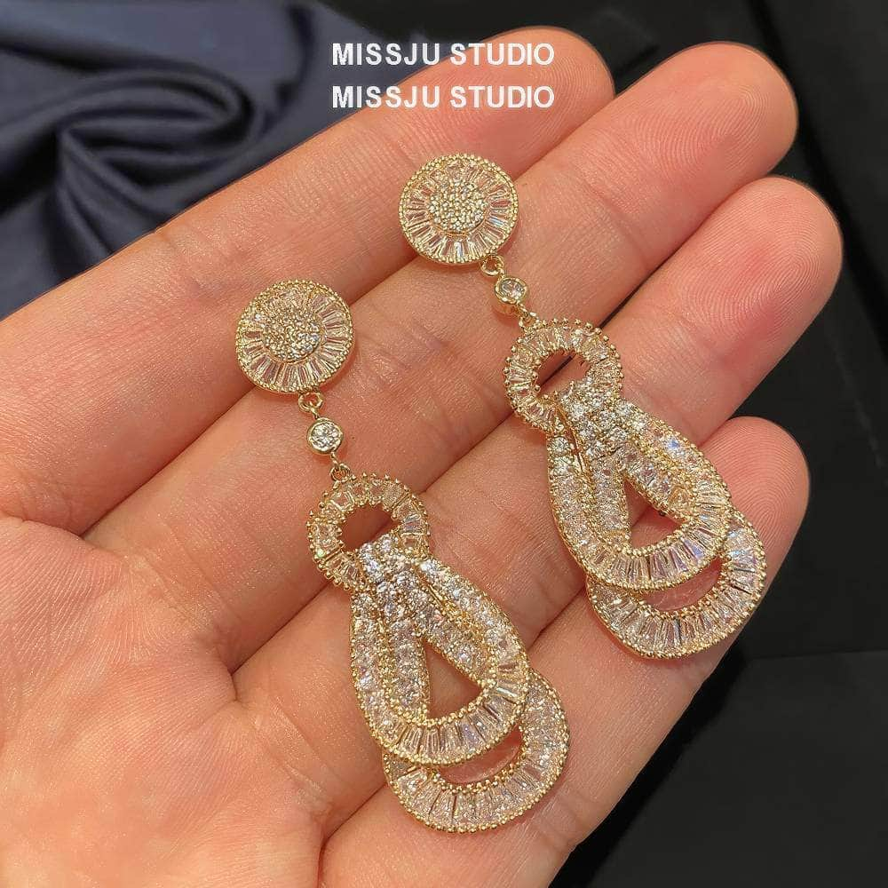 Paved Crystal Baroque Shape Dangle Gold Earrings White