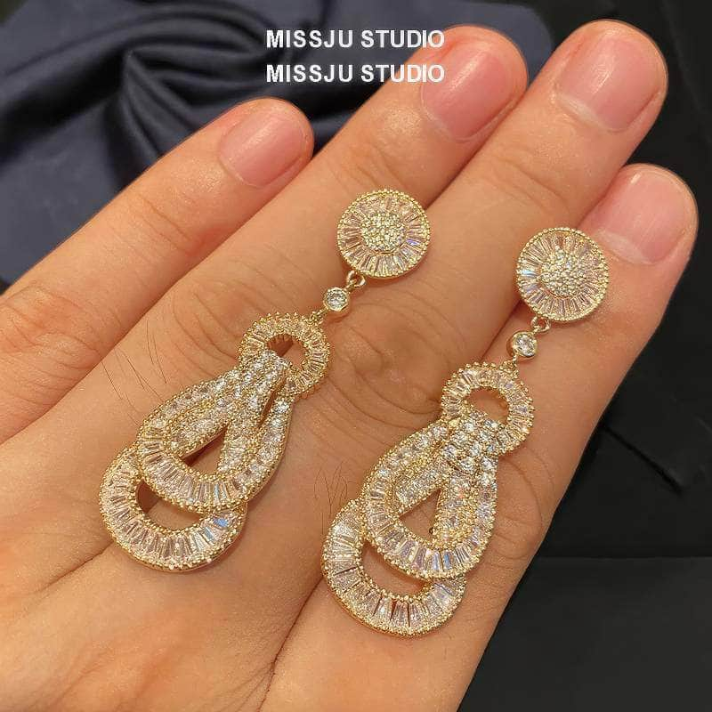 Paved Crystal Baroque Shape Dangle Gold Earrings White