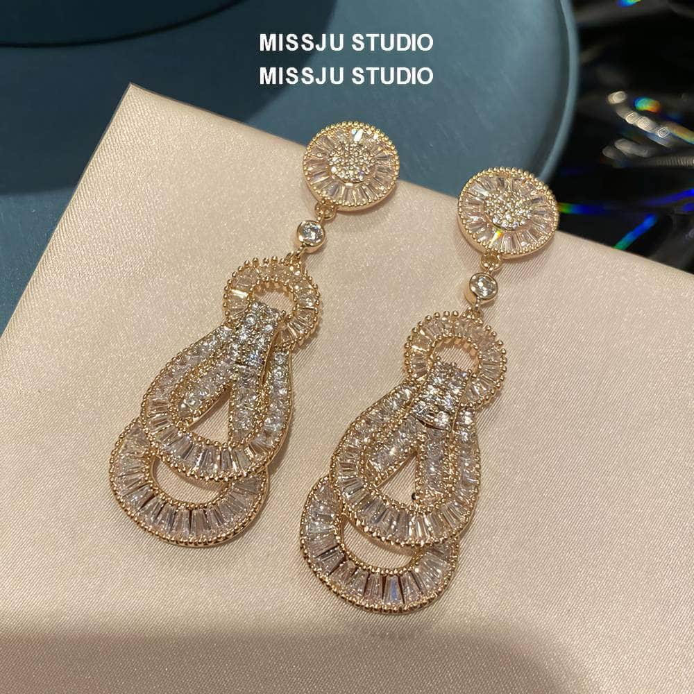 Paved Crystal Baroque Shape Dangle Gold Earrings White