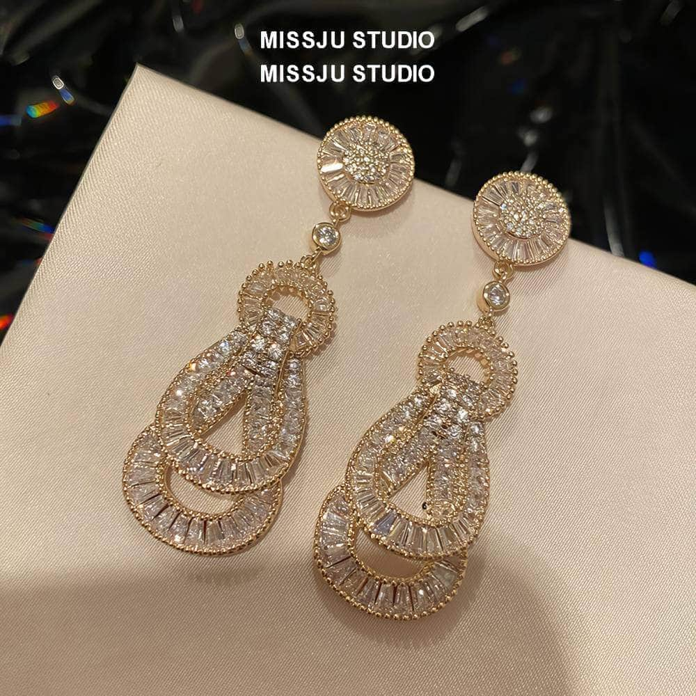 Paved Crystal Baroque Shape Dangle Gold Earrings White