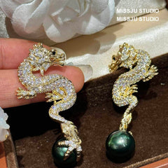 Paved Crystal Dragon Shaped Pearl Deco Earrings White