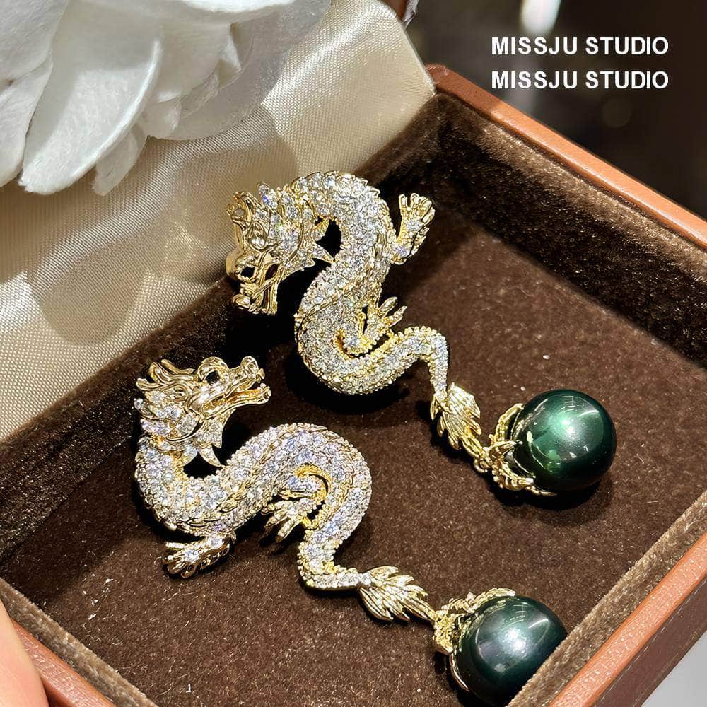 Paved Crystal Dragon Shaped Pearl Deco Earrings White