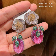 Paved Crystal Floral Multi Rhinestone Dangle Earrings Multicolor