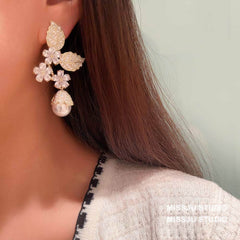 Paved Crystal Leaf Floral Pearl Deco Earrings White