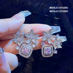 Paved Crystal Pink Rhinestone Studded Earrings Pink