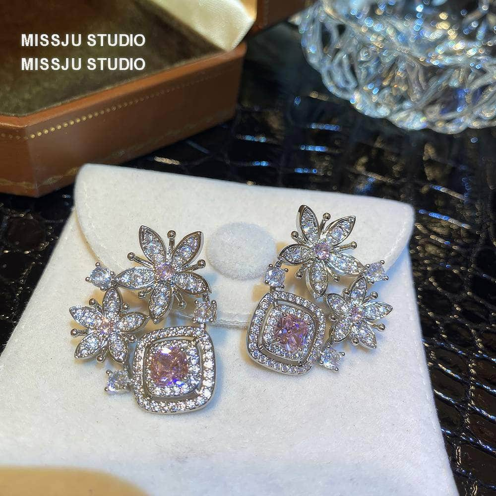 Paved Crystal Pink Rhinestone Studded Earrings Pink