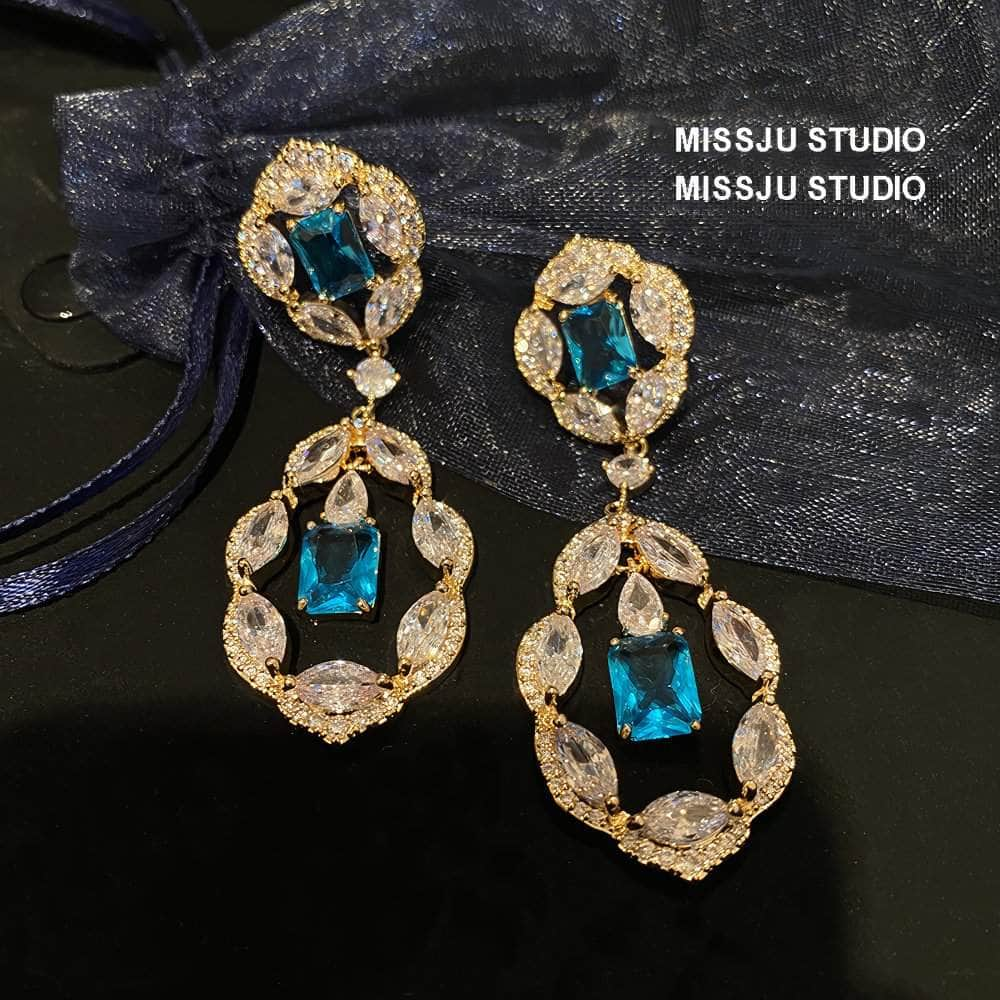 Paved Crystal Rhinestone Floral Deco Dangle Earrings Blue