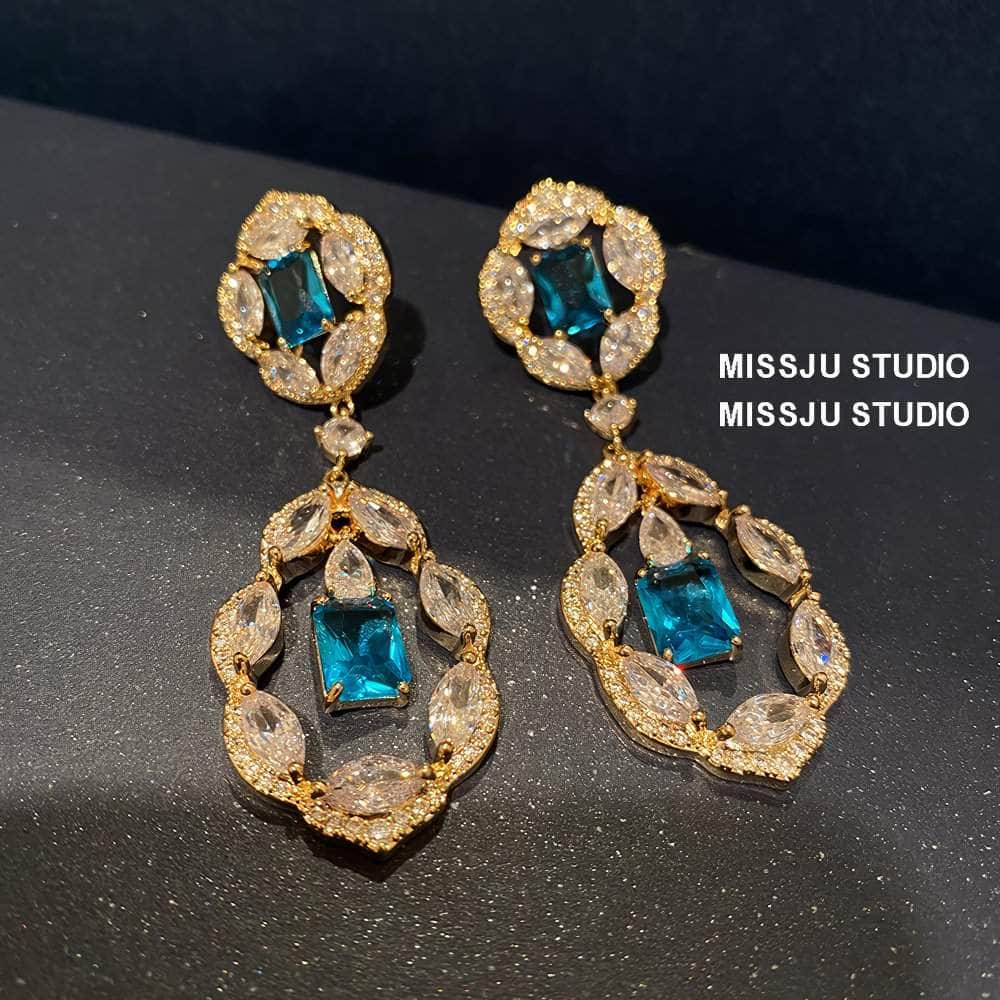 Paved Crystal Rhinestone Floral Deco Dangle Earrings Blue