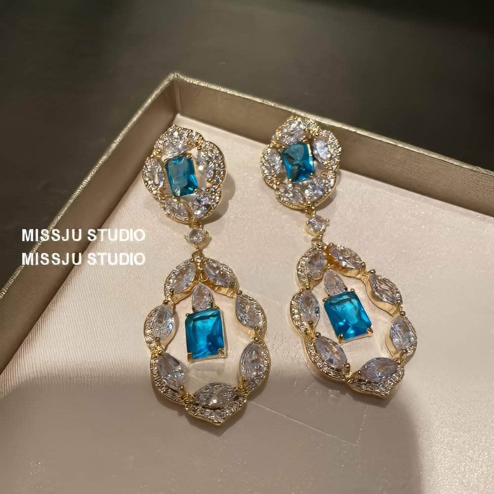 Paved Crystal Rhinestone Floral Deco Dangle Earrings Blue