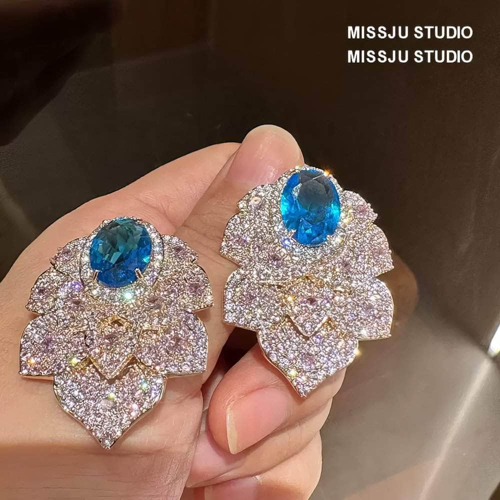 Paved Crystal Rhinestone Inlaid Floral Decor Statement Earrings Blue