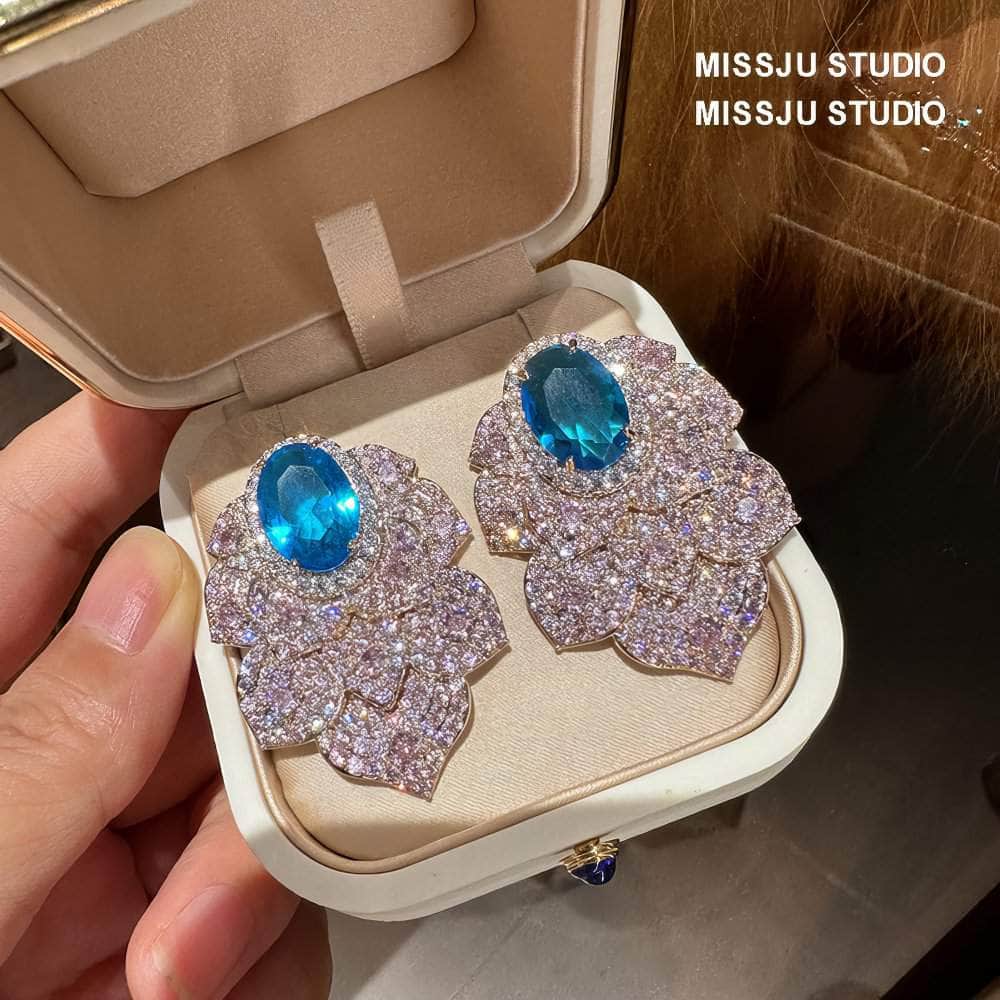 Paved Crystal Rhinestone Inlaid Floral Decor Statement Earrings Blue