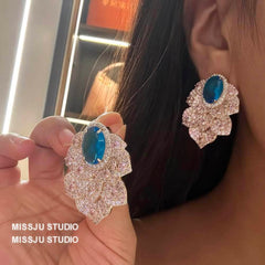 Paved Crystal Rhinestone Inlaid Floral Decor Statement Earrings Blue